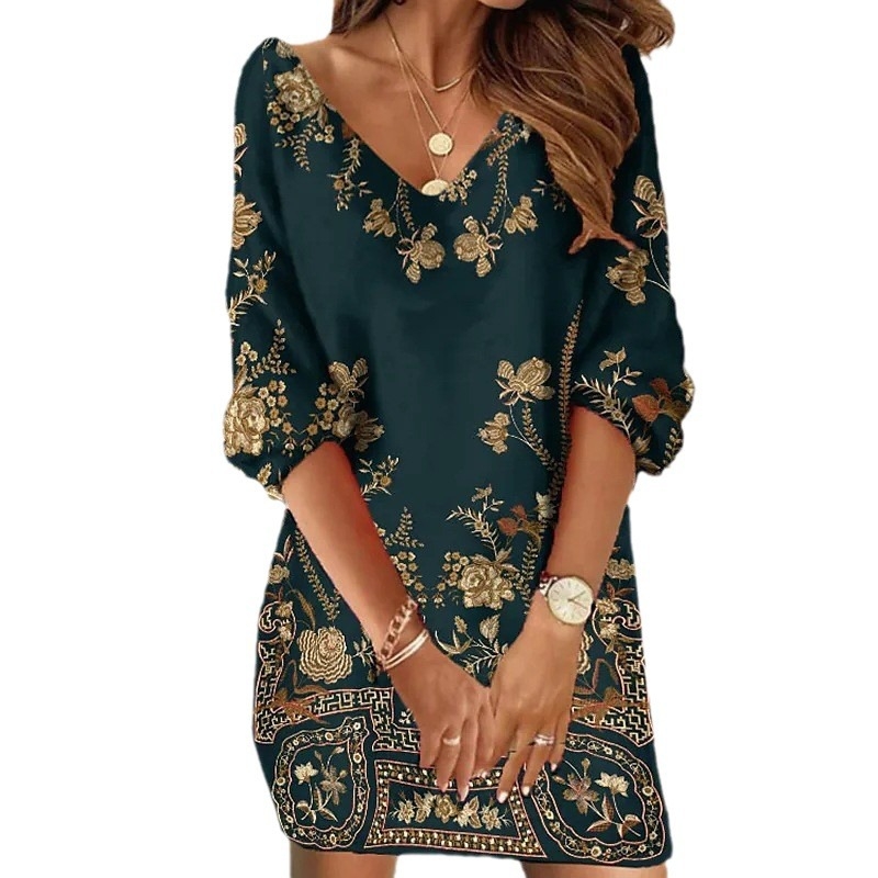 Duga haljina s dugim rukavima, floralni uzorak, V izrez, poliester, pull-on, casual stil