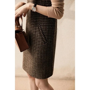 Φόρεμα ενός κομματιού, με houndstooth plaid print, χωρίς μανίκια, στρογγυλό λαιμό, μεσαίο μήκος, ίνες acetate 95%+, στυλ λογοτεχνικό ρετρό