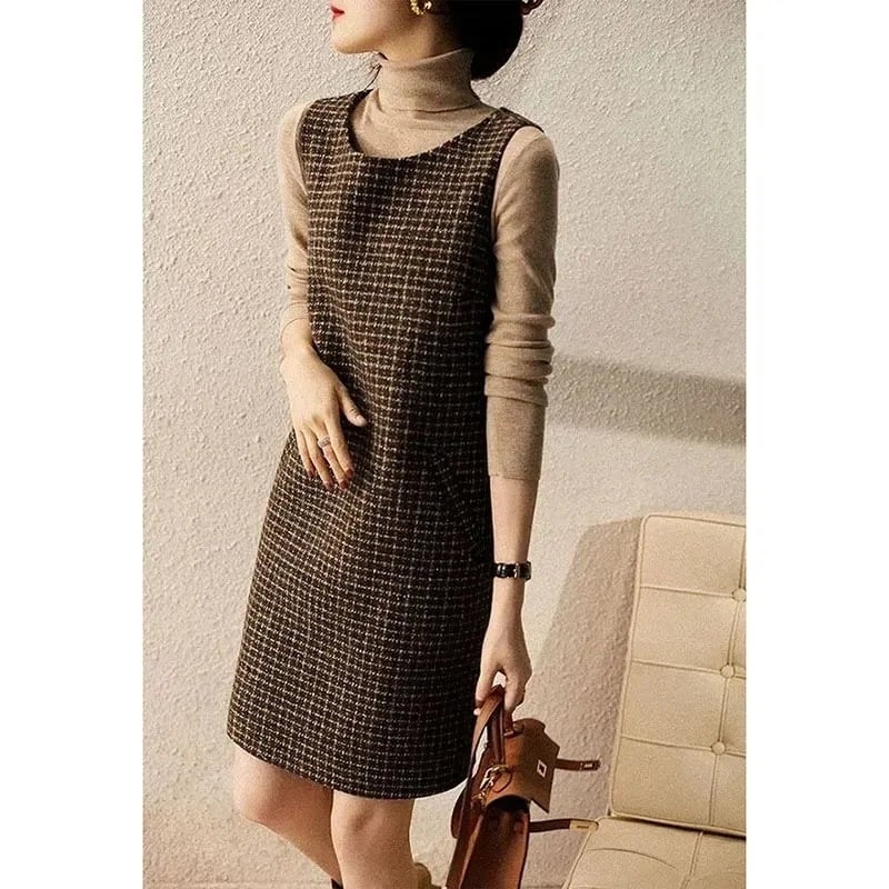 Rochie dintr-o bucată, imprimeu houndstooth plaid, fără mâneci, guler rotund, lungime medie, fibră de acetat 95%+