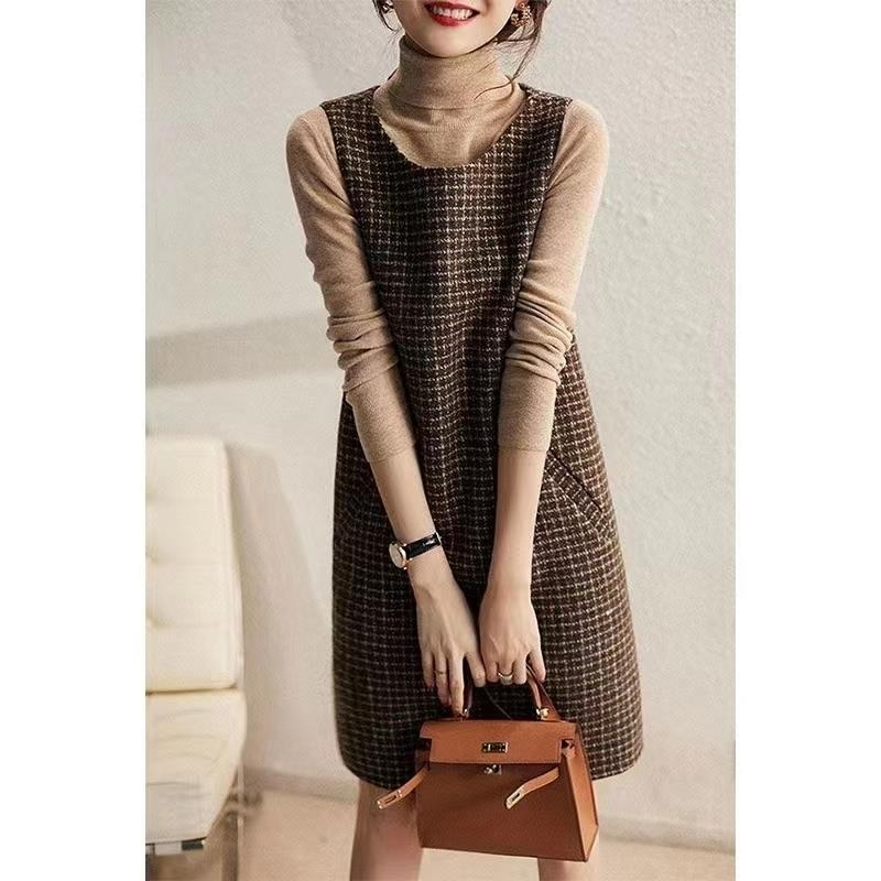 Rochie dintr-o bucată, imprimeu houndstooth plaid, fără mâneci, guler rotund, lungime medie, fibră de acetat 95%+