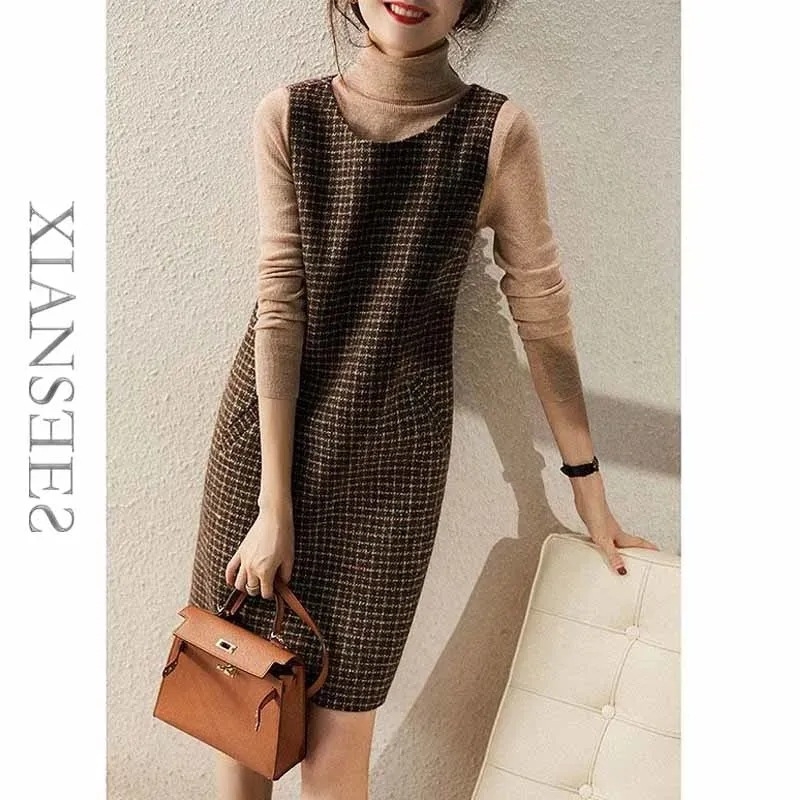 Rochie dintr-o bucată, imprimeu houndstooth plaid, fără mâneci, guler rotund, lungime medie, fibră de acetat 95%+