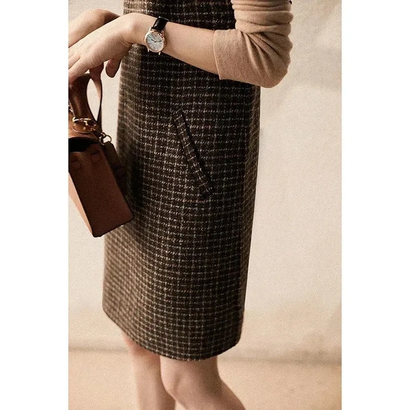 Rochie dintr-o bucată, imprimeu houndstooth plaid, fără mâneci, guler rotund, lungime medie, fibră de acetat 95%+