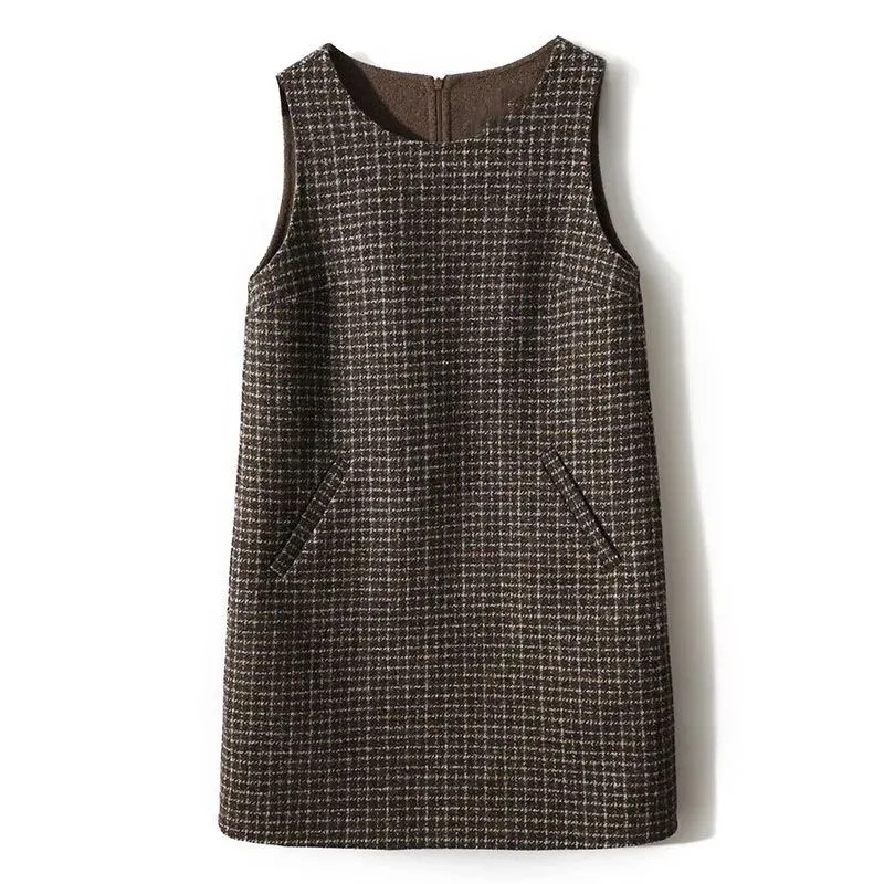 Rochie dintr-o bucată, imprimeu houndstooth plaid, fără mâneci, guler rotund, lungime medie, fibră de acetat 95%+