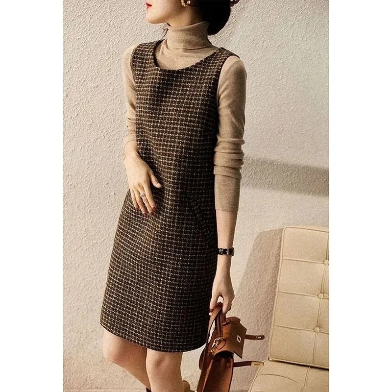 Rochie dintr-o bucată, imprimeu houndstooth plaid, fără mâneci, guler rotund, lungime medie, fibră de acetat 95%+