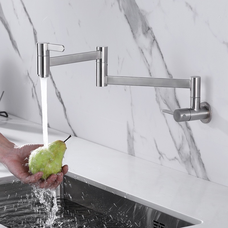 Robinet bucătărie încastratat în perete, oțel inoxidabil, rotativ cu deschidere dublă, montaj pe perete, cartuș ceramic, diametrul șa 1/2"