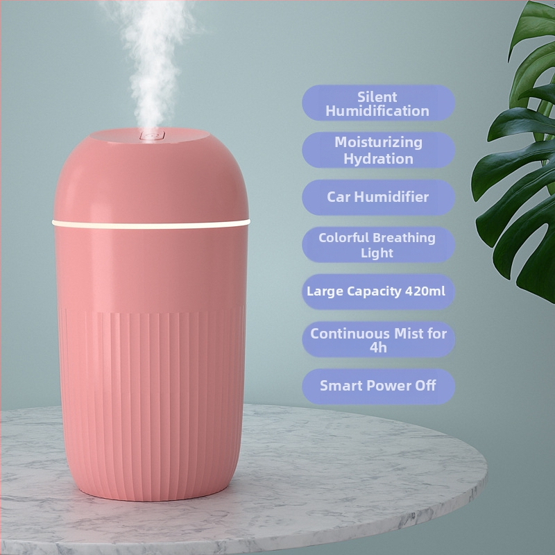 USB захранван овлажнител за бюро и дом, безшумен, преносим, колонен дизайн; 1 изход за мъгла, таймер 2–8 ч, подходящ за помещения до 10 м²