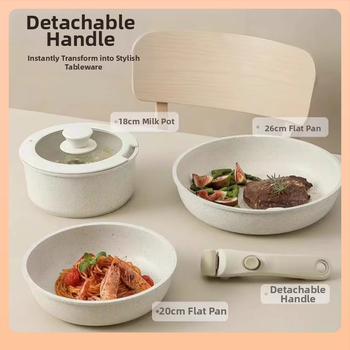 Σετ μαγειρικά σκεύη με αποσπώμενο χερούλι, κράμα αλουμινίου, αντικολλητική επίστρωση, συμβατό με επαγωγικές εστίες και εστίες αερίου, περιλαμβάνει κατσαρόλα, κατσαρολάκι για γάλα, κατσαρόλα σούπας, γουόκ και τηγάνι, καπάκι από θερμό γυάλι