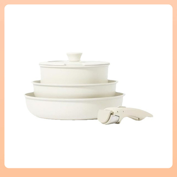 Σετ μαγειρικά σκεύη με αποσπώμενο χερούλι, κράμα αλουμινίου, αντικολλητική επίστρωση, συμβατό με επαγωγικές εστίες και εστίες αερίου, περιλαμβάνει κατσαρόλα, κατσαρολάκι για γάλα, κατσαρόλα σούπας, γουόκ και τηγάνι, καπάκι από θερμό γυάλι