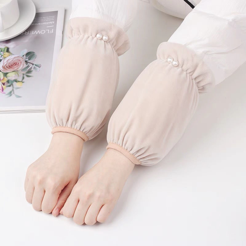 Женски ръкав за зимата — двойна перлена украса, фланелен материал, антизамърсяващо покритие, обработка с tie-dye, издание есен 2024