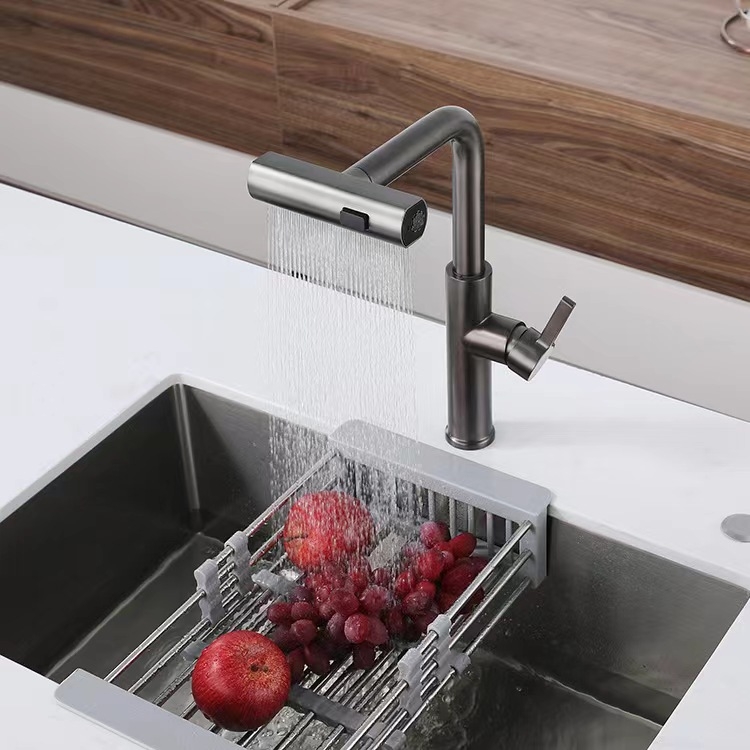 Robinet de bucătărie cu duș retractabil, din oțel inoxidabil, cartuș ceramic, 1.6 MPa, 0–90°C