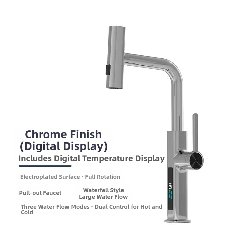 Robinet de bucătărie cu duș retractabil, din oțel inoxidabil, cartuș ceramic, 1.6 MPa, 0–90°C