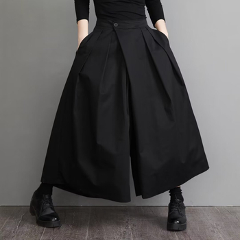 Unisex japanske retro culottes s visokim strukom, nepravilan rub, široke nogavice, poliester