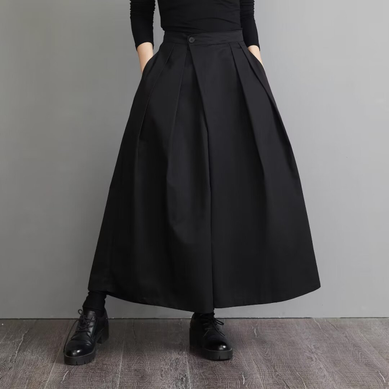 Unisex japanske retro culottes s visokim strukom, nepravilan rub, široke nogavice, poliester