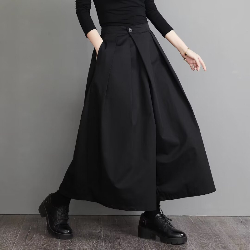Unisex japanske retro culottes s visokim strukom, nepravilan rub, široke nogavice, poliester