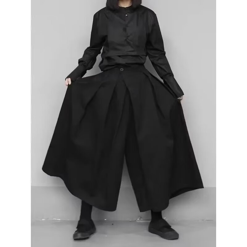 Unisex japanske retro culottes s visokim strukom, nepravilan rub, široke nogavice, poliester