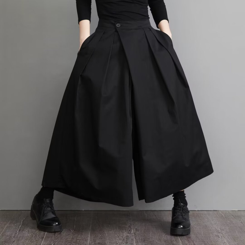 Unisex japanske retro culottes s visokim strukom, nepravilan rub, široke nogavice, poliester