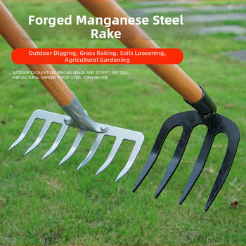 Ράκα εννιά δοντιών με ξύλινο κοντάρι, μαγανίου χάλυβας, πολυδόντια για γεωργία και κήπους