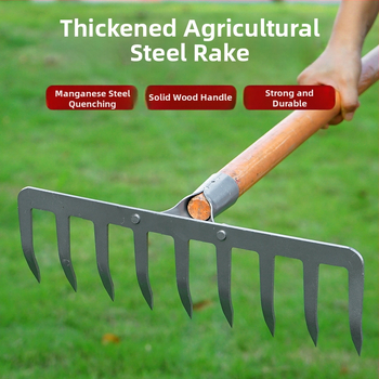 Ράκα εννιά δοντιών με ξύλινο κοντάρι, μαγανίου χάλυβας, πολυδόντια για γεωργία και κήπους