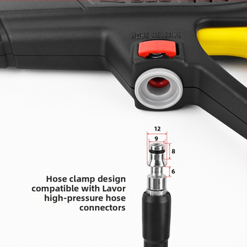 Augsta spiediena automašīnu mazgāšanas pistole, galva un rokturis no inženierplastmasām, izsmidzināšanas attālums 2 m, ūdens spiediens 160 bar / 2320 psi