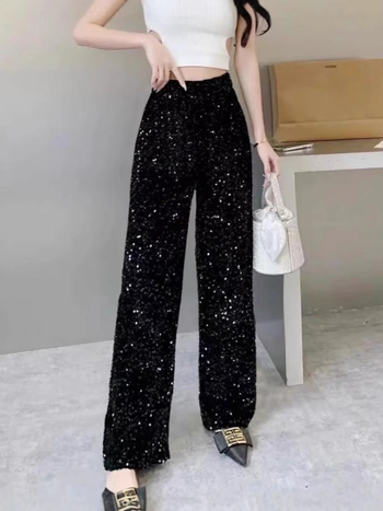 Дамски плетени полиестерни прави панталони, висока талия, пайети, еластичен пояс