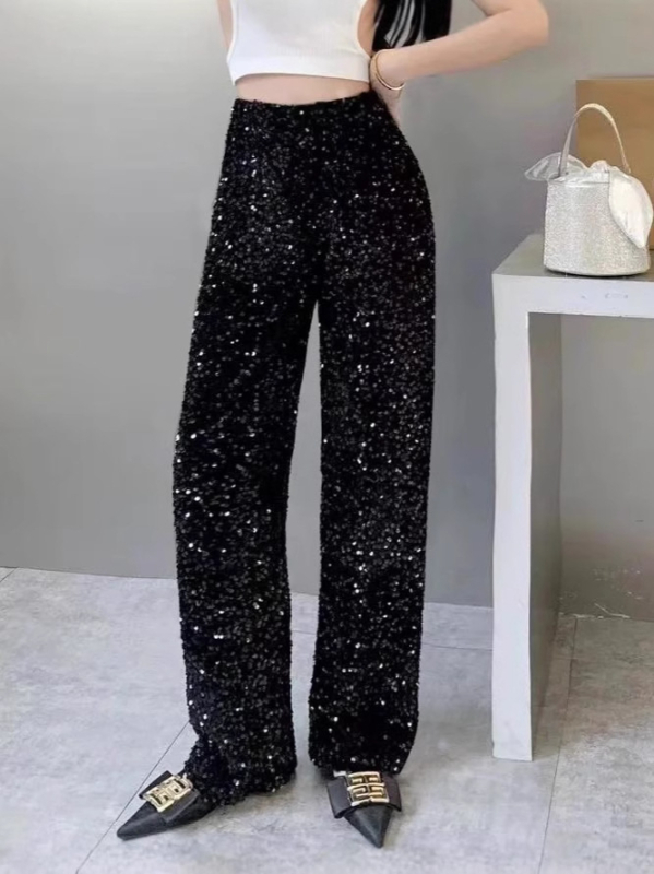 Pantaloni femei drepti din poliester tricotat, talie înaltă, detaliu cu paiete, talie elastică