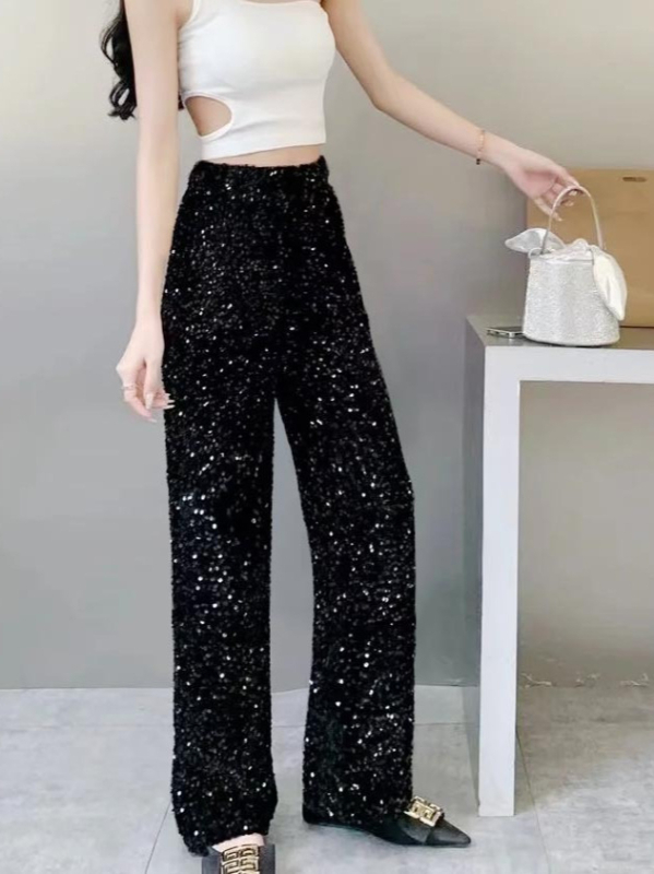 Pantaloni femei drepti din poliester tricotat, talie înaltă, detaliu cu paiete, talie elastică