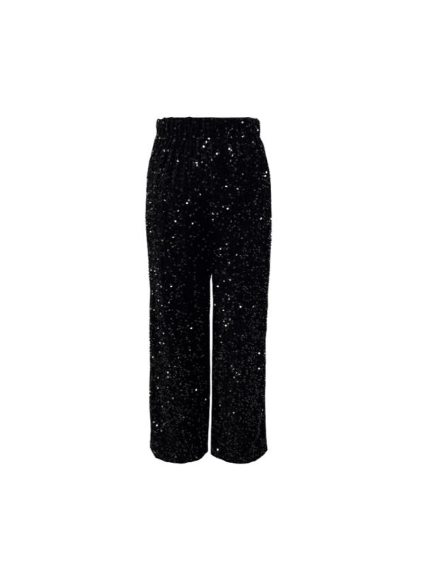 Pantaloni femei drepti din poliester tricotat, talie înaltă, detaliu cu paiete, talie elastică