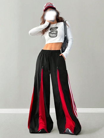 Poliészter casual nadrág cipzárral és színblokkoló dizájnnal, laza szabás, széles lábszár, derék közepes