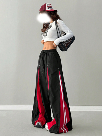 Полиестерни ежедневни панталони с цип и дизайн на цветови блокове, свободен широк крачол, средна талия