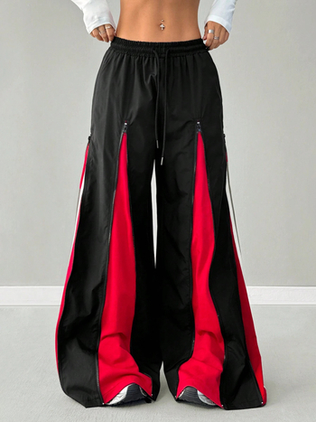 Полиестерни ежедневни панталони с цип и дизайн на цветови блокове, свободен широк крачол, средна талия