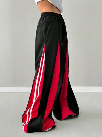 Полиестерни ежедневни панталони с цип и дизайн на цветови блокове, свободен широк крачол, средна талия