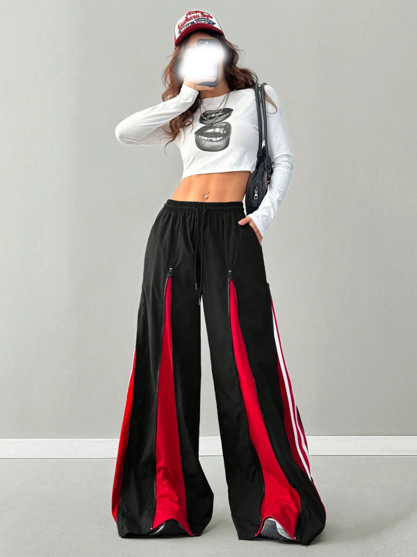 Poliészter casual nadrág cipzárral és színblokkoló dizájnnal, laza szabás, széles lábszár, derék közepes