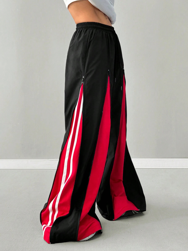 Poliészter casual nadrág cipzárral és színblokkoló dizájnnal, laza szabás, széles lábszár, derék közepes