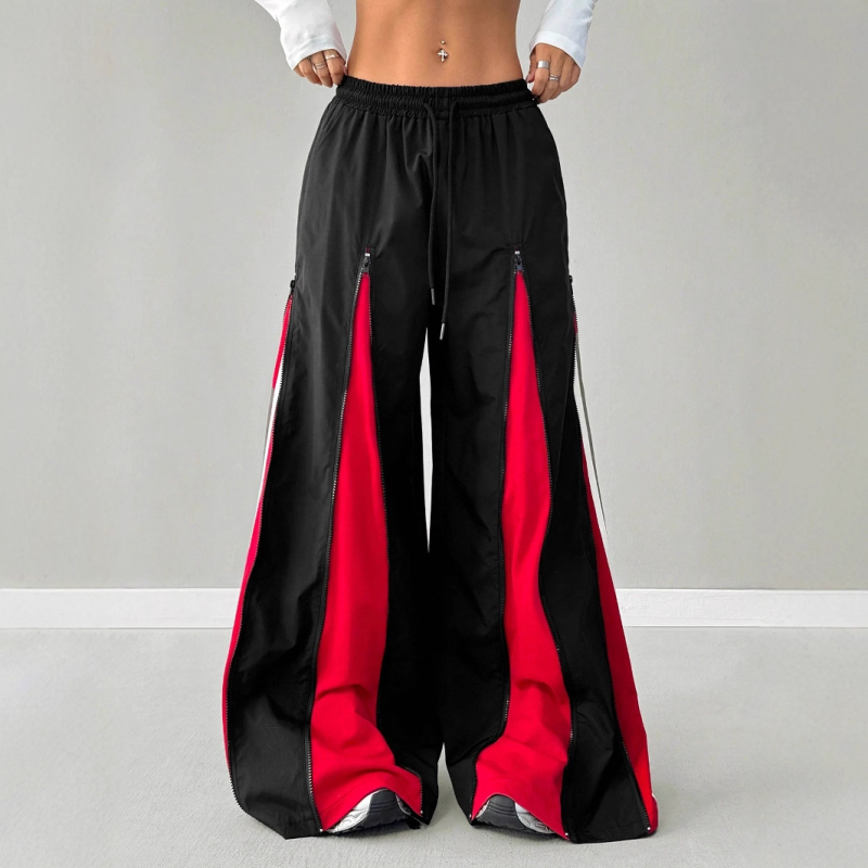 Poliészter casual nadrág cipzárral és színblokkoló dizájnnal, laza szabás, széles lábszár, derék közepes