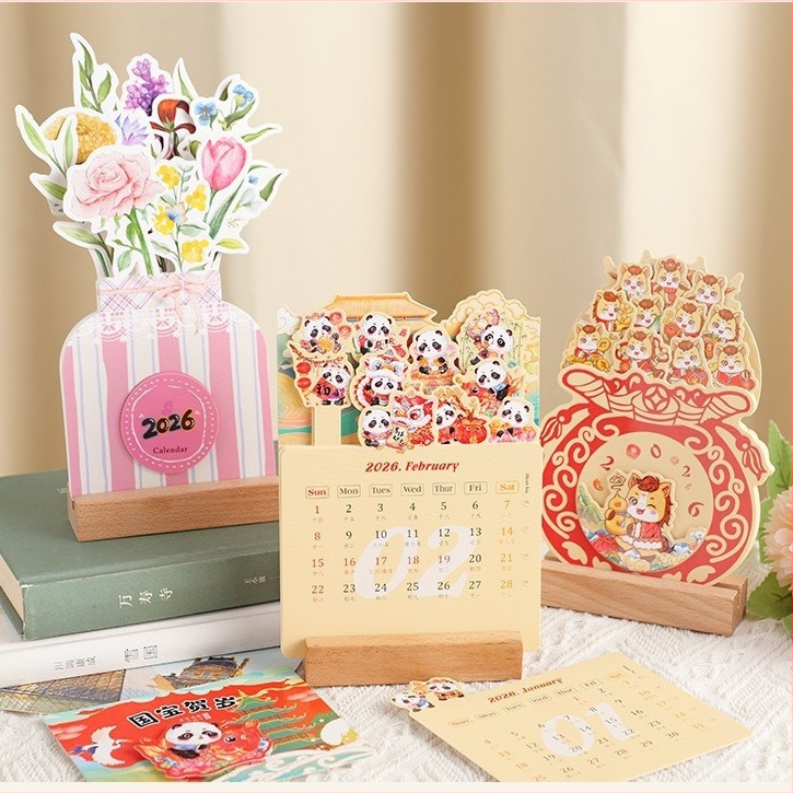 Drevený rámový stolový kalendár, roztomilý kreatívny mini stolový kalendár, pevná väzba, tlač loga, dizajnová šablóna zahrnutá