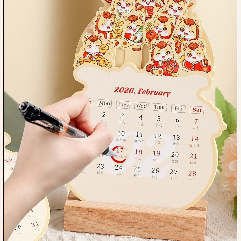 Drevený rámový stolový kalendár, roztomilý kreatívny mini stolový kalendár, pevná väzba, tlač loga, dizajnová šablóna zahrnutá