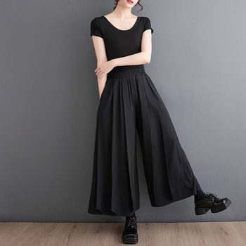 Памучни дамски панталони с широки крачоли, дълги до глезена, висока талия, средна плътност, съдържание на памук 50–70% в основната материя