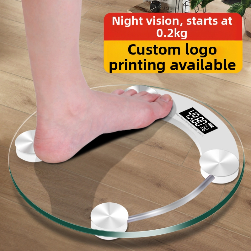 Apaļš mājas viedais elektroniskais veselības svars ar temperētā stikla paneli, bateriju darbībai, modelis 2003A-28, BORO/Baolan