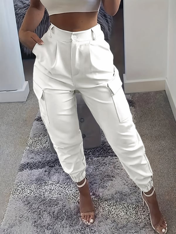 Ženske slim-fit cropped cargo hlače sa džepovima – poliestersko-elastanska mješavina, casual stil