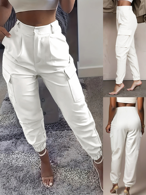 Ženske slim-fit cropped cargo hlače sa džepovima – poliestersko-elastanska mješavina, casual stil