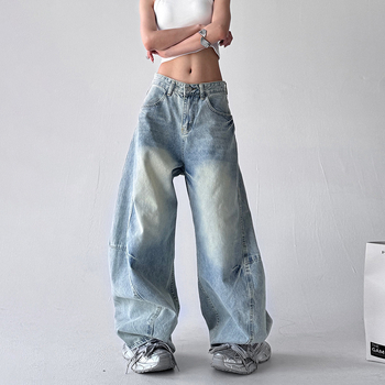 Denim nadrág, magas derekú, laza szabású, mosott denim, tavasz 2025