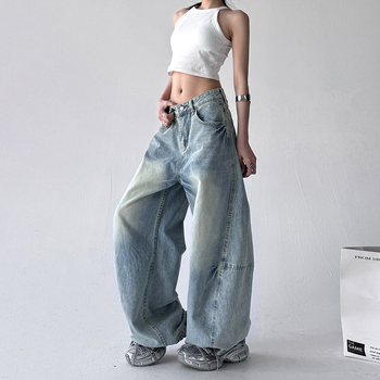 Denim nadrág, magas derekú, laza szabású, mosott denim, tavasz 2025
