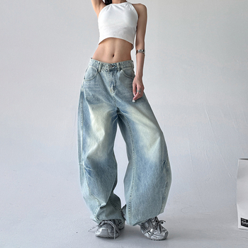 Denim nadrág, magas derekú, laza szabású, mosott denim, tavasz 2025