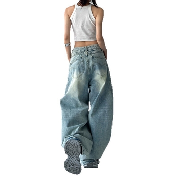Denim nadrág, magas derekú, laza szabású, mosott denim, tavasz 2025