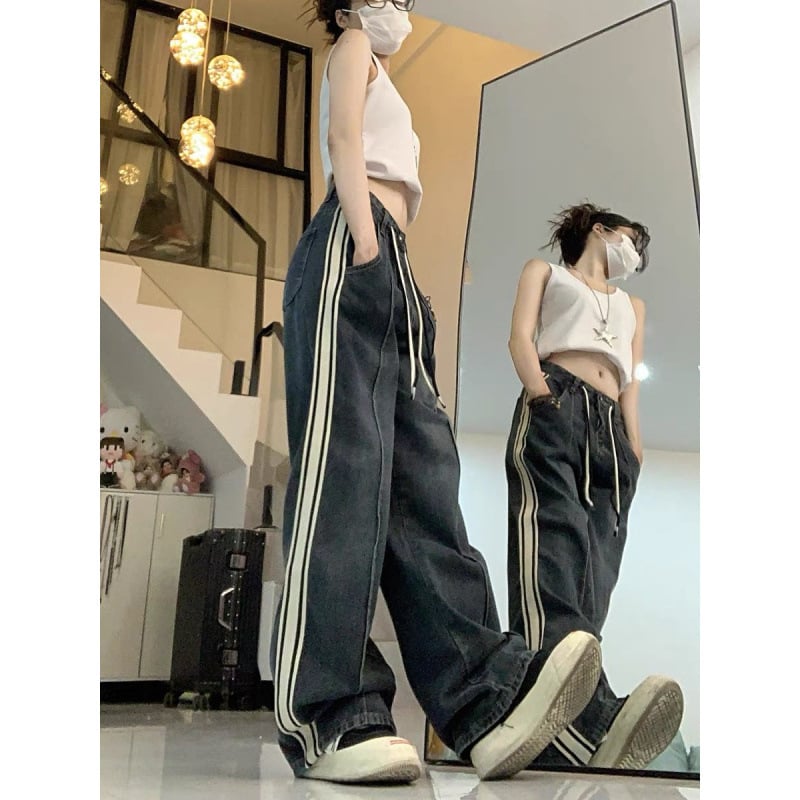 Pantaloni femei cu dungi, croi larg, poliester, talie înaltă, șnur de strângere, casual