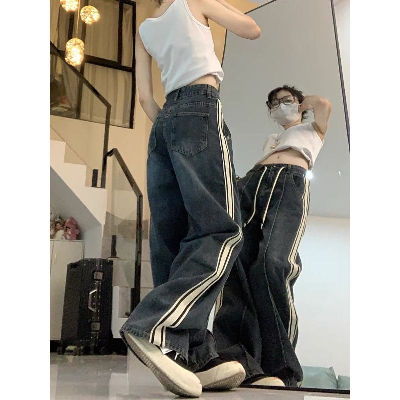 Pantaloni femei cu dungi, croi larg, poliester, talie înaltă, șnur de strângere, casual