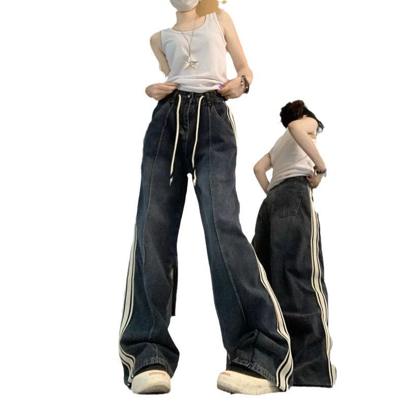 Pantaloni femei cu dungi, croi larg, poliester, talie înaltă, șnur de strângere, casual