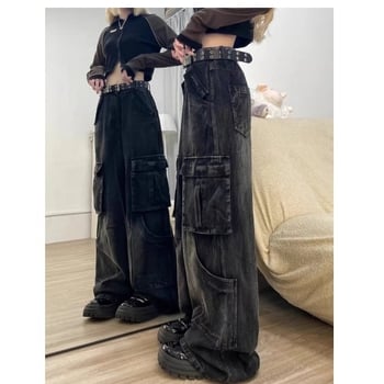 Jeans dama din denim, talie medie, croială largă, cu mai multe buzunare