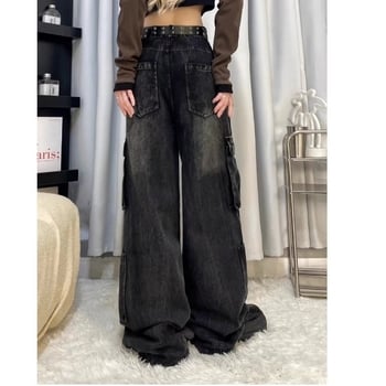 Jeans dama din denim, talie medie, croială largă, cu mai multe buzunare