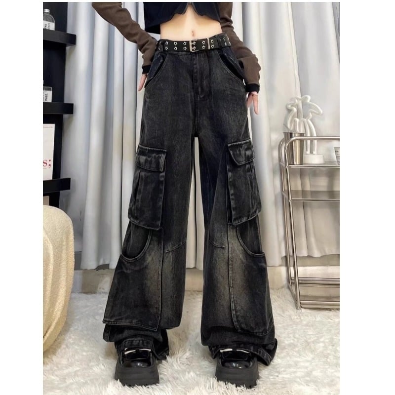 Jeans dama din denim, talie medie, croială largă, cu mai multe buzunare